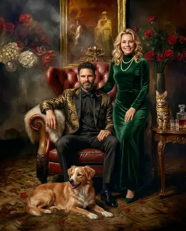 Sample mafia boss portrait of a couple with a dog