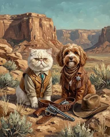Sample cowboy portrait of a cat and dog