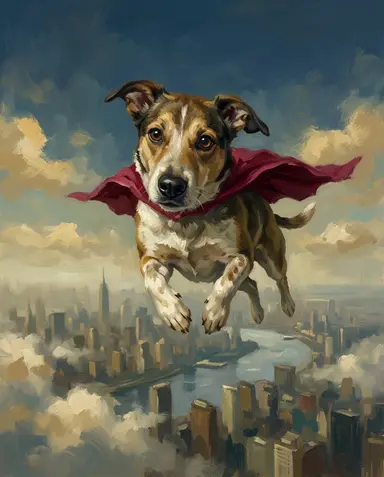 Sample superhero portrait of a flying dog